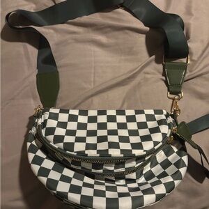 Checkered Crossbody Bag with Green Strap